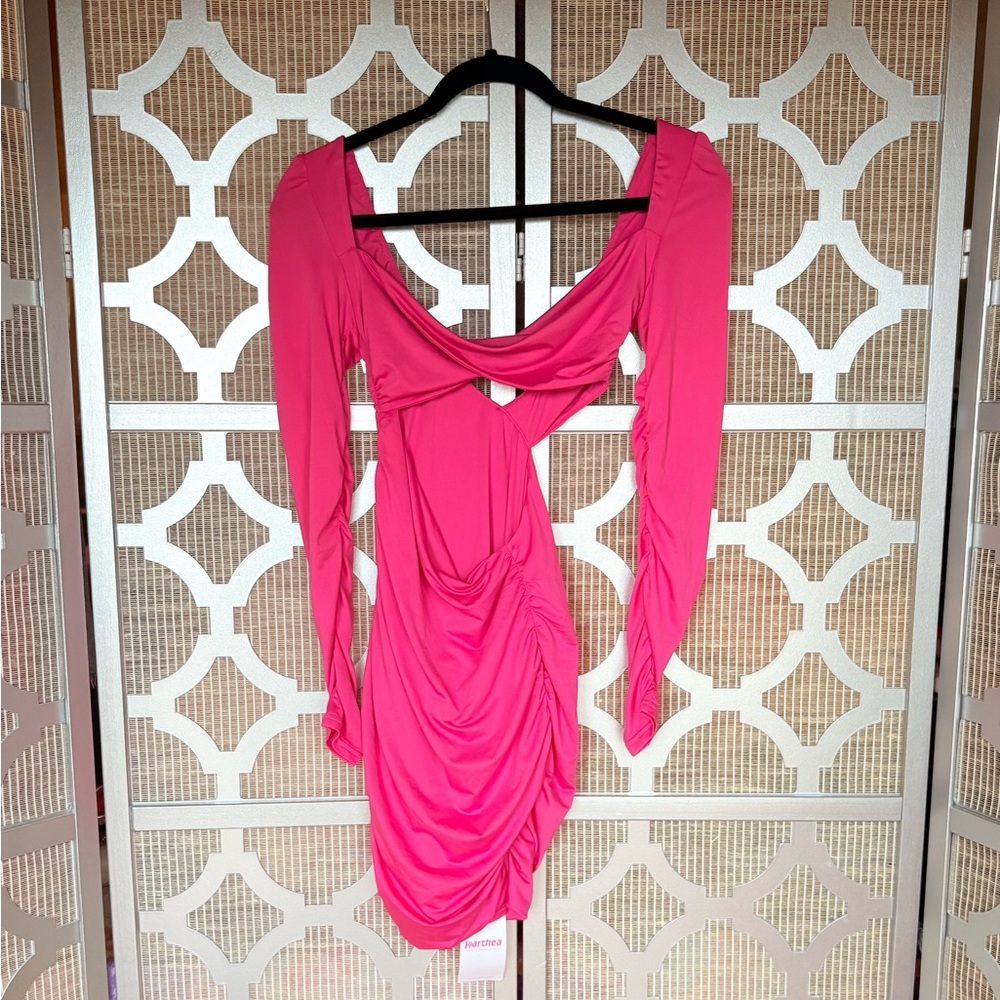 NWT Parthea Pink Ruched Cowl Neck Bodycon Mini Dress